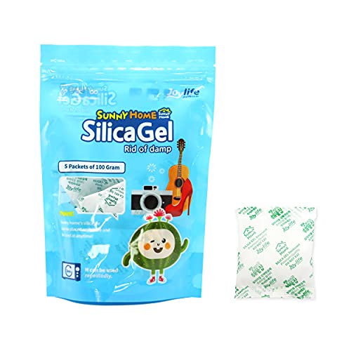 Sunny Home 100 Gram (5 Packs) Silica Gel Premium Safe Silica Gel Packs Desiccant and Dehumidifiers â€“ Rechargeable Silica Gel Packets for Moisture Absorber