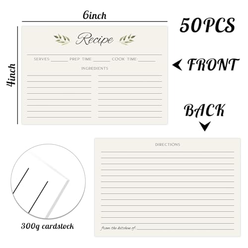 JOETMAE 50PCS Minimalist Green Leaf Recipe Cards,4x6 In Double Sided Cards,Blank Cardstock for Kitchen Diaries Banquet Preparation, Bridal Shower, Baby Shower, Christmas and Holiday