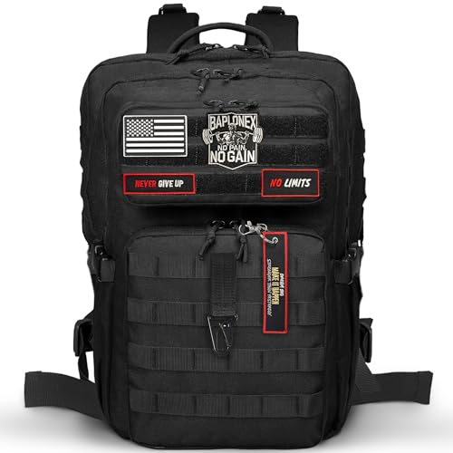 BAPLONEX®️ Mochila Táctica 45L Militar para Cross Training y Gimnasio + 4 Parches Mochila Militar de Velcro incluidos + Accesorio de Enganche Táctico y Llavero | Mochila Entrenamiento y Supervivencia.