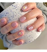 24Pcs Short Press On Nails Short Square Daisy Fake Nails with Designs Nude Purple Full Cover Fals...