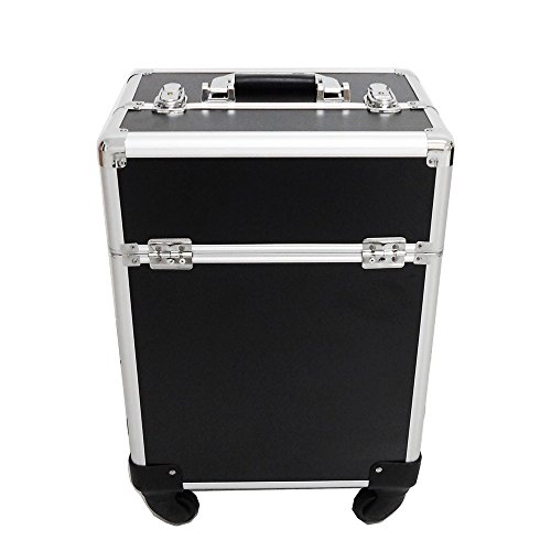MALETA DE MAQUIAGEM GRANDE PRETA EM ALUMINIO PROFISSIONAL LUXO COM RODINHAS E 4 BANDEJAS