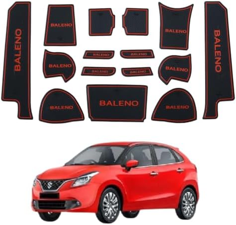 Car Drome | Door Cup Mat Set for Maruti Suzuki Baleno 2015 to 2021 Models Only | Premium Non Slip Rubber Inserts | Custom Fit 15 Pieces | Red Trim Interior Car Accessories | Dustproof Washable