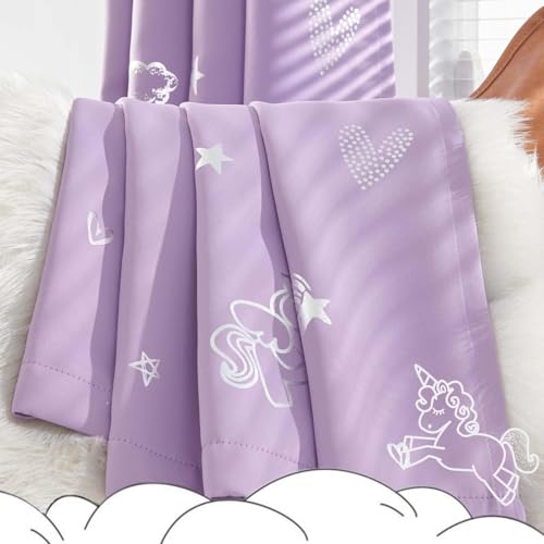 Image of BFAM Kids Blackout Curtains 9 feet Set of 1 - 100% Room Darkening, Thermal Insulated, Noise Reducing, Cute Unicorn Lilac Prints, Eyelet Curtains for Playroom, Bedroom & Nursery, Pack of 1 Curtain