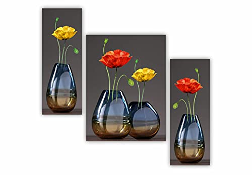 SAF paintings 3 Panel MDF Wall Painting – Red & Yellow Flower Vase Design | Decorative Modern Art for Living Room, Bedroom, Hallway & Office | Set of 3 Vertical Wall Panels paintings