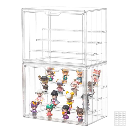 Image of Clear Acrylic Display Case Upgrade 4 Tier Figure Display Case with 3 Movable Dividers, Stackable Display Box Showcase with Magnetic Door for Collectibles (Large-2pack)