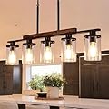 NSRCE Dining Room Light Fixture Over Table, 5-Light Linear Farmhouse Chandelier Pendant Lighting for Kitchen Island Dining Room with Glass Shade, Black Metal and Wood Finish