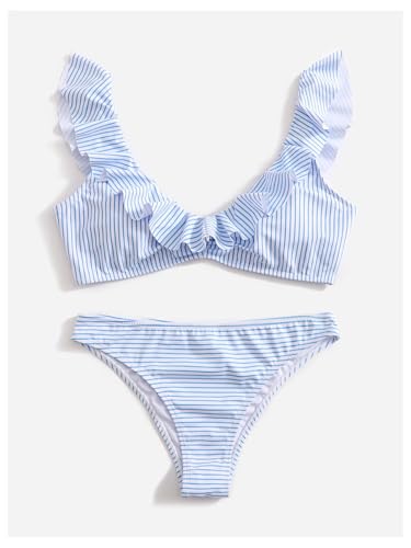 Verdusa Women's 2 Piece Striped Bikini Set Ruffle Tie Back Swimsuit Bathing Suit4