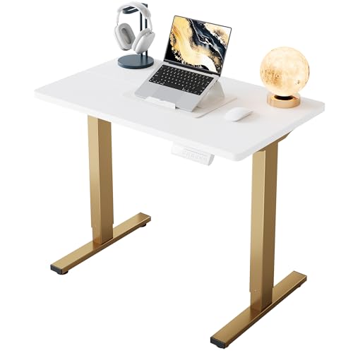 Image of HUANUO 32 inch Small Electric Standing Desk Adjustable Height, 4 Memory Height Settings, Sit Stand Up Desk for Home Office & Computer Workstation, White and Gold Frame