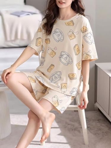 Image of Korean Night Dress |Shorts Set |Round Neck Half Sleeve Nightsuit |Premium Cotton Blend Stylish Digital Printed Pajama Co-ords |Matching 2 Piece Sleepwear Nightwear Cute Pjs |Casual Lounge Sets