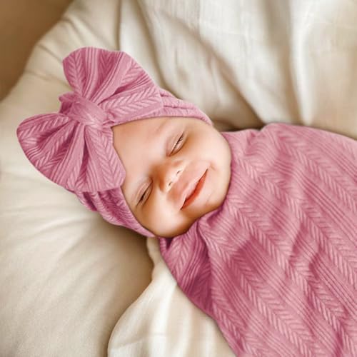 Image of AQOKKA Newborn Receiving Blanket with Bow Hat Mittens Wooden Card Set Wheat-Pattern Newborns Toddler Baby Boy Girl Nursery Swaddle Wrap