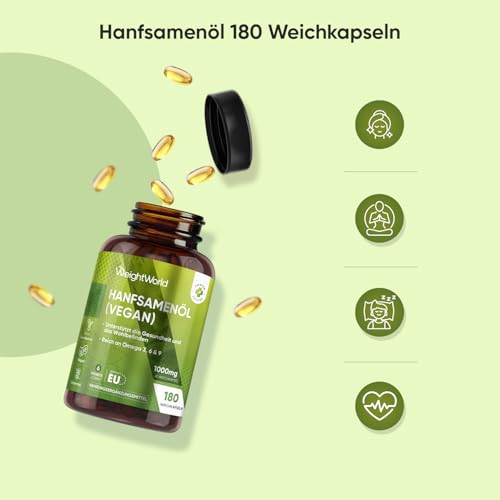 Hanföl Vegan Softgels - 1000 mg Kaltgepresste Hanfsamenöl - Reich an Omega 3, 6 & 9-1 Weichkapsel täglich - 180 Weichkapseln - 6 Monate Vorrat - Hemp Seed Oil von WeightWorld