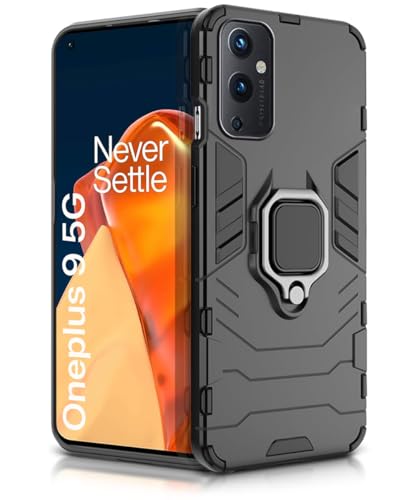 Image of WOW IMAGINE Shock Proof Back Case Mobile Cover for 1+ OnePlus 9 5G | Back Cover Case (Tough Armor | Hybrid PC + TPU | Ring Holder & in-Built Kickstand | Black)