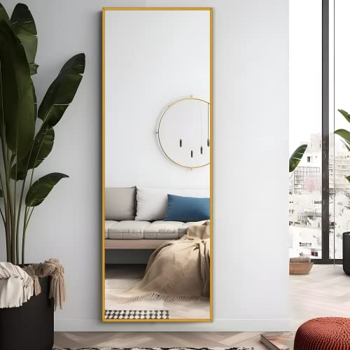 Image of NeuType Full Length Rectangular Aluminium Floor Mirror with Standing Holder Bedroom /Locker Room Standing /Hanging Mirror Dressing Wall-Mounted Mirror (Golden)