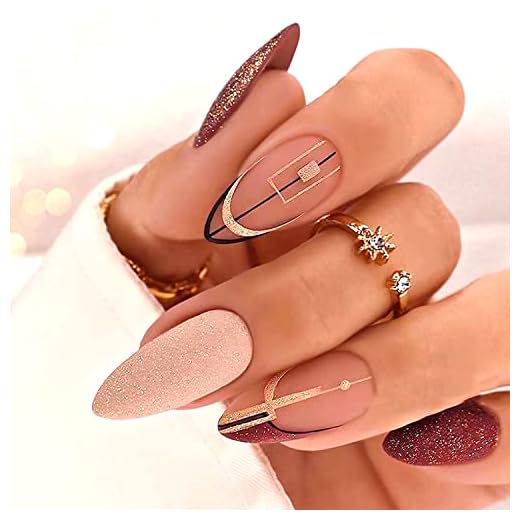 French Press on Nails Medium Almond Shape Fake Nails Gold Black Graceful Lines Design Frosted Acrylic Nails Dark Red Pink with Gold Glitter Shiny False Nails Kit for Women Girls Daily Wear 24 Pcs