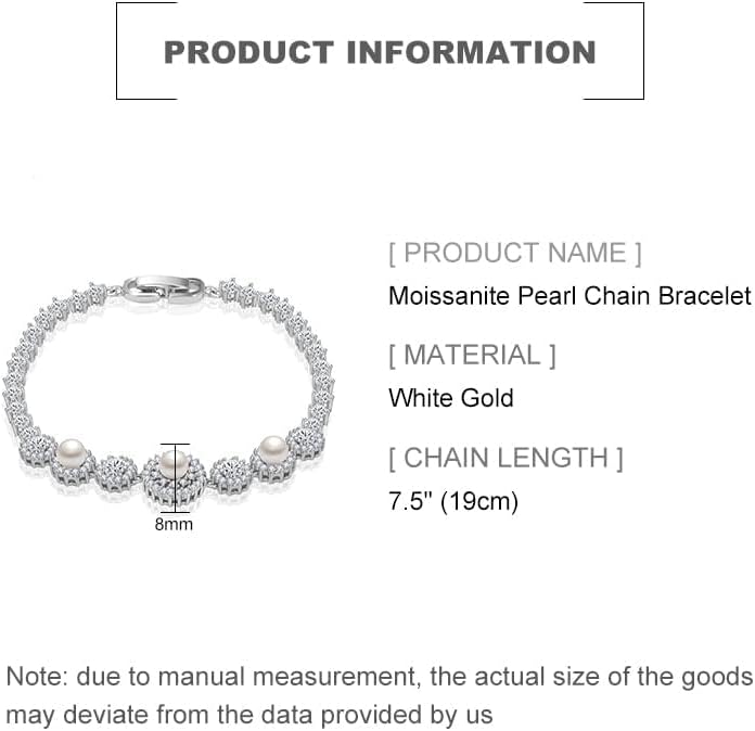 14K Gold Freshwater Pearl Bracelet for Women,Dainty Cultured White Pearl Moissanite Link Bracelet,Fashion Pearl Jewelry Gift for Her - Image 3