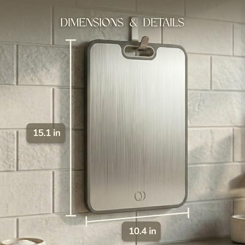 Image of Titanium Cutting Board Double-Sided 2-in-1 (99.9% Titanium + PP), 15 inch x 10 inch, with Accessories (Finger Guard, Glove, Thumb Knives) - Kitchen Metal Chopping Board for Meat, Fruits & Vegetables