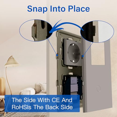 BSEED Steckdose mit Lichtschalter,Glas Touch Lichtschalter Unterputz Schalter,Schuko Steckdose mit 1 Fach 1 Wege Wandschalter Grau(Nicht Smart Schalter)