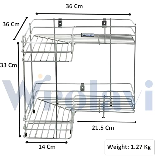 Image of Kitchen Corner Rack Organizer | Stainless Steel 2 Tier L Shape Stand for Masala Dabba, Spice Jars & Utensils | Multipurpose Kitchen Storage Shelf & Bathroom Corner Rack | Rust Free