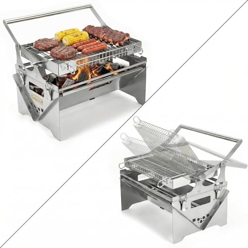 Portable 360 Rotating Charcoal Grill with Flipping Basket Stainless Steel Flip BBQ Grill for Camping & Outdoor Easy to Clean Detachable Design New Upgrade