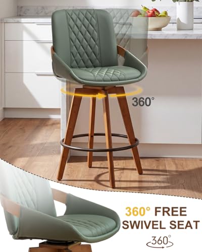 Image of AQG Counter Height Bar Stools Set of 4, Mid Century Modern Bar Chairs Swivel with Back, Faux Leather Upholstered Barstools Walnut Wood Frame for Kitchen Island (Green, 26 Inch - 4 PCS)