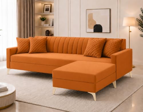 Image of AMATA Falcon ele 4 Seater Fabric Suede Velvet Orange Colour Sofa Set with Four Cushions Perfect for Home Office Guests Living Room (Falcon Orange 01, Falcon 4 Seater l Shape)