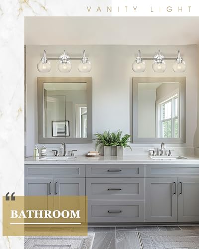 Image of Bathroom Light Fixtures, 3-Light Brushed Nickel Vanity Lights Over Mirror with Globe Clear Glass, Modern Vanity Lighting Fixtures, AD-22280-3W-SN