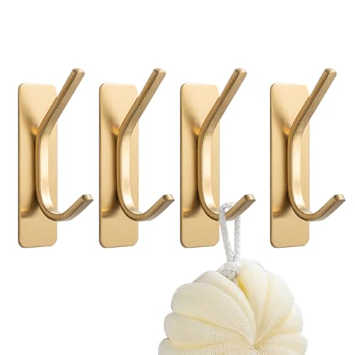 Image of HASTHIP 4 Pcs Stainless Steel Wall Hooks, Golden Twin-Prong Adhesive Mount