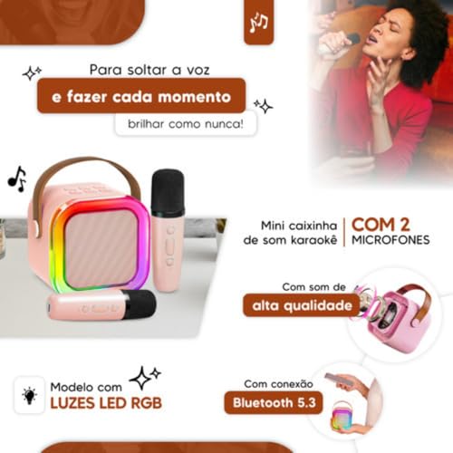 Mini Karaokê com 2 Microfones Bluetooth Recarregáveis Portátil Luzes de Leds Dinâmicos com Variações