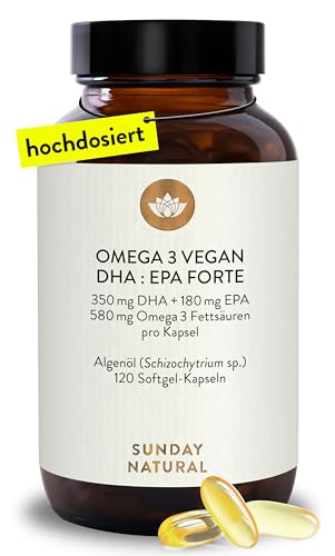 SUNDAY NATURAL® Omega 3 Vegan Forte - 120 Softgel Kapseln - 2.000 mg Algenöl pro Tagesdosis: 700 mg DHA + 360 mg EPA - Omega 3 Kapseln - Laborgeprüft