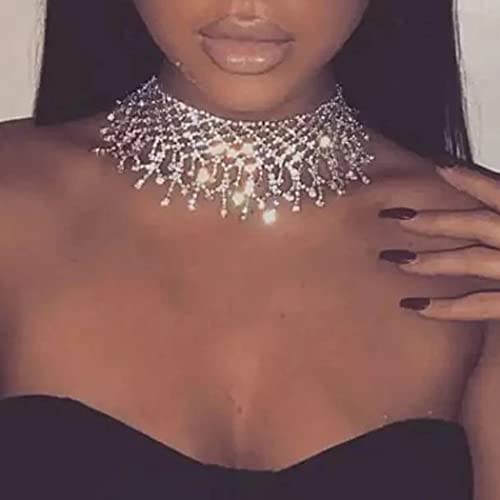 DRESBE Rhinestone Necklace Crystal Choker Necklaces Prom Necklace Chain Party Neck Jewelry for Women4