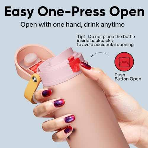 Image of Insulated Water Bottle with Straw - Encool Stainless Steel Water Bottle with Push Button Lid, Leak-Proof & BPA-Free, Keeps Cold for 24 Hours for Sports, Travel, Gym (32 oz, Pink Daisy-Red)