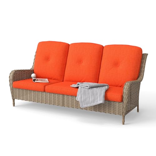 kinbor 3-Seater Outdoor Patio Couch, Rattan Sofa with Cushions & High...