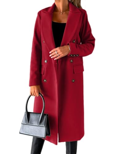 IDEALSANXUN Wool Coats for Women Fall Fashion Outfits 2024 Long Dress Ladies Double Breasted Trench Coat Warm Peacoat Jackets Winter Clothes, Wine, M
