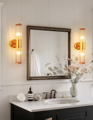 Image of DORESshop Gold Wall Sconce, 19.6 inch Sconces Lighting, 2-Light Modern Light Fixtures, Bathroom Vanity Light for Living Room, Bedroom, Sconces Wall Decor, 1pack