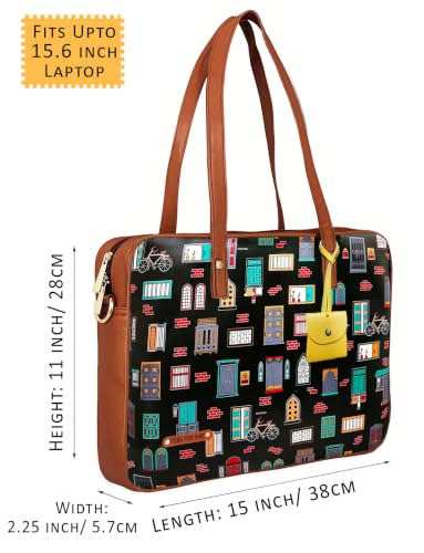 Image of Funk For Hire Women's Black and Brown Printed Faux Leather 15.6 inch Laptop Handbag Sling with Waterproof Nylon Lining Cushioned Sleeve Adjustable Padded Strap Organizer