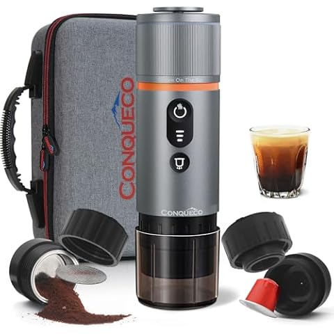 CONQUECO Portable Espresso Machine Travel: 12v Car Coffee Maker with Battery for Camping - Small Electric - 2.5 Mins Heating - Set With Ground Coffee & NS Capsule & Handbag for RV, Hiking, Office Cover