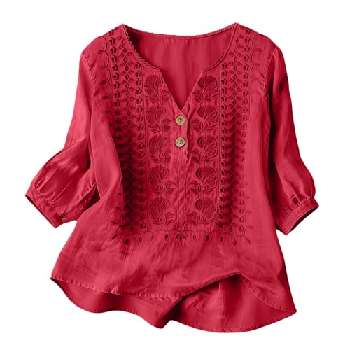 Boho Tops for Women 2026 Red 2XL - Embroidered Tops for Women 3/4 Sleeve Length Linen Shirts V Neck Dressy Casual Blouses Plus Size Summer Spring Fashion Beach Vacation Clothes Outfits Trendy