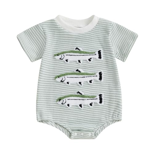 Image of VISGOGO Unisex Baby Boy Girl Striped Romper Waffle Short Sleeve Bubble Oversized Romper Bodysuit Summer Onesie Clothes