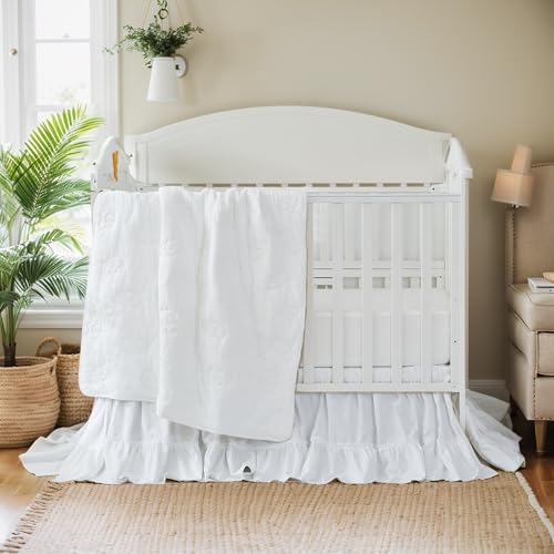 Image of Brandream Gender Neutral Boho Bohemian Baby Girl Boy Nursery Crib Bedding Set - 3pc - Solid Color White Farmhouse Chic Unisex Elephant Embroidery Cotton Quilt Set