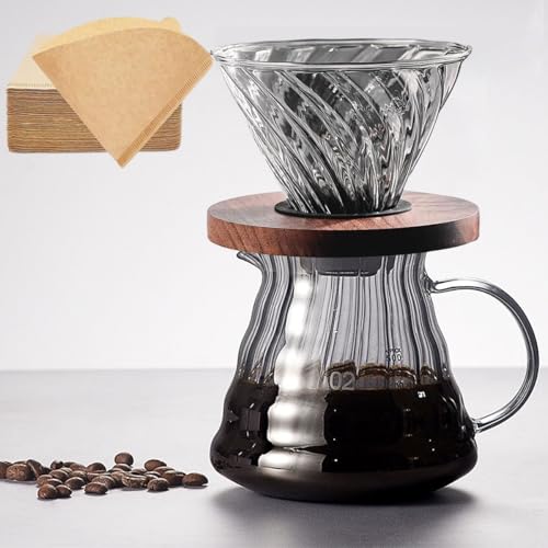Moonmen V60 Pour Over Coffee Maker Dripper Set 600ml Glass Coffee Server Pot Size 02 V60 Glass Coffee Dripper with Wood Stand Dripper for Home Office Carafe Gift-Grey (With Filter Paper)