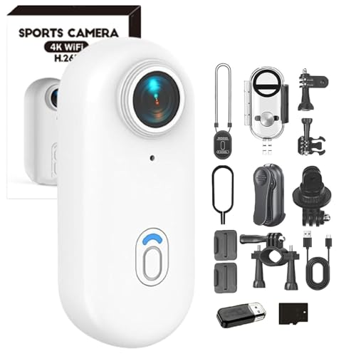 4K Mini Body Camera, Pocket Action Cam with Memory Card, 170° Wide Angle, for Cycling, Diving, Skiing (White*4K)