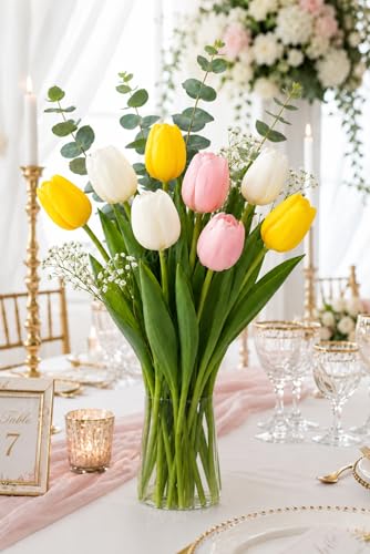 Image of Divyakosh Artificial Flowers for Vase (Vase Not Included)- Luxury Tulip Flower Bouquet with Eucalyptus & Baby's Breath, Faux Floral Arrangement for Home Decor, Living Room, Wedding Decoration, Office