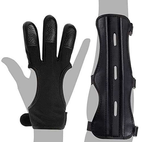 Marrteum 2 Pcs Archery Glove & Arm Guard Kit Leather Pu Archery Bracer Three Finger Guard Protective Gear Accessories For Men Women & Youth #TOP21