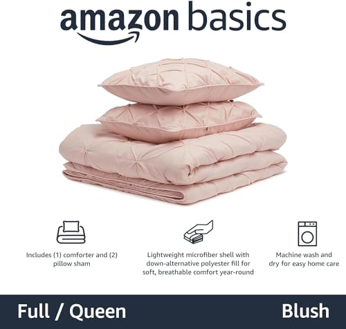Image of Amazon Basics Queen Size Comforter Set, All-Season Down-Alternative 3-Piece Bedding Set, Pinch Pleat Design, Full /Queen, Blush