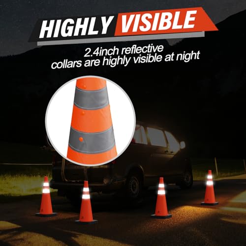 RoadHero 28 Inch Collapsible Traffic Safety Cones with Black Weighted Base, Construction Orange Cones with Reflective Collars for Road Safety, Driving Training, Parking Lots, 1 Pack