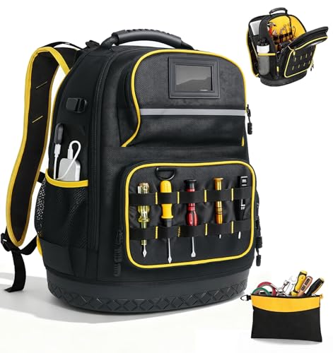 Tool Backpack, Heavy-Duty Tool Organizer Bag for Men Dad Gift, Water-Resistant Technician Tool Carrier w/ Molded Base, Laptop Storage, Backpack for Electricians HVAC Construction Repairman Home Repair