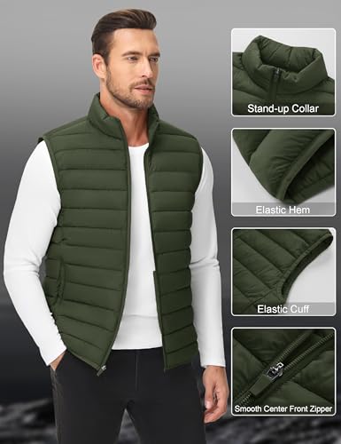 Cotrasen Mens Lightweight Puffer Vest Packable Insulated Puffer Vest Outerwear Winter Zipper Quilted Puffy Sleeveless Jacket Army Green XL4