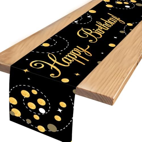 Tischläufer Happy Birthday Schwarz Gold, 35x180cm 300D Oxford Stoff, Tischdeko Geburtstag für Männer, Geburtstagsdeko und Party Deko für Feier Hausbar