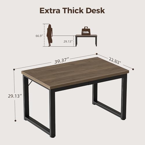 Image of 40 Inch Computer Desk, 1.2 inch Thick Small Office Table, Walnut | Modern Simple Style, Heavy Duty Industrial Frame, Small Study & Writing Table for Home Bedroom Work