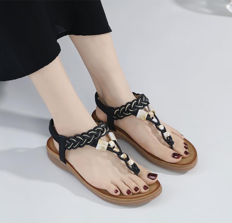 [SLEEQ] 現品2023新型欧米サンダルボヘミアラインストーン快適ラウンドヘッド海辺リゾートサイズフラットシューズ